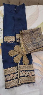 Midnight Navy Velvet Silk 3-Piece Suit with Embroidered Borders & Banarsi Shawl