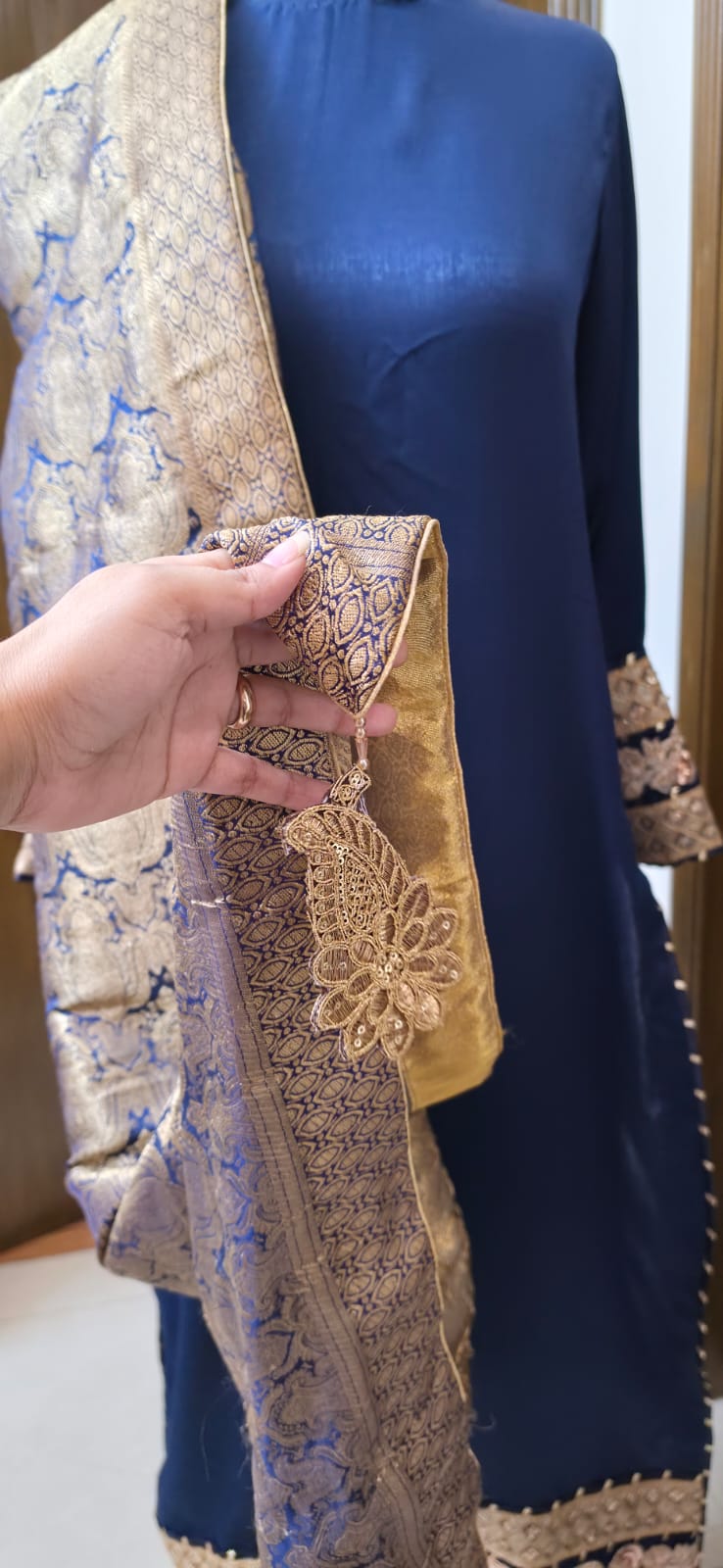 Midnight Navy Velvet Silk 3-Piece Suit with Embroidered Borders & Banarsi Shawl