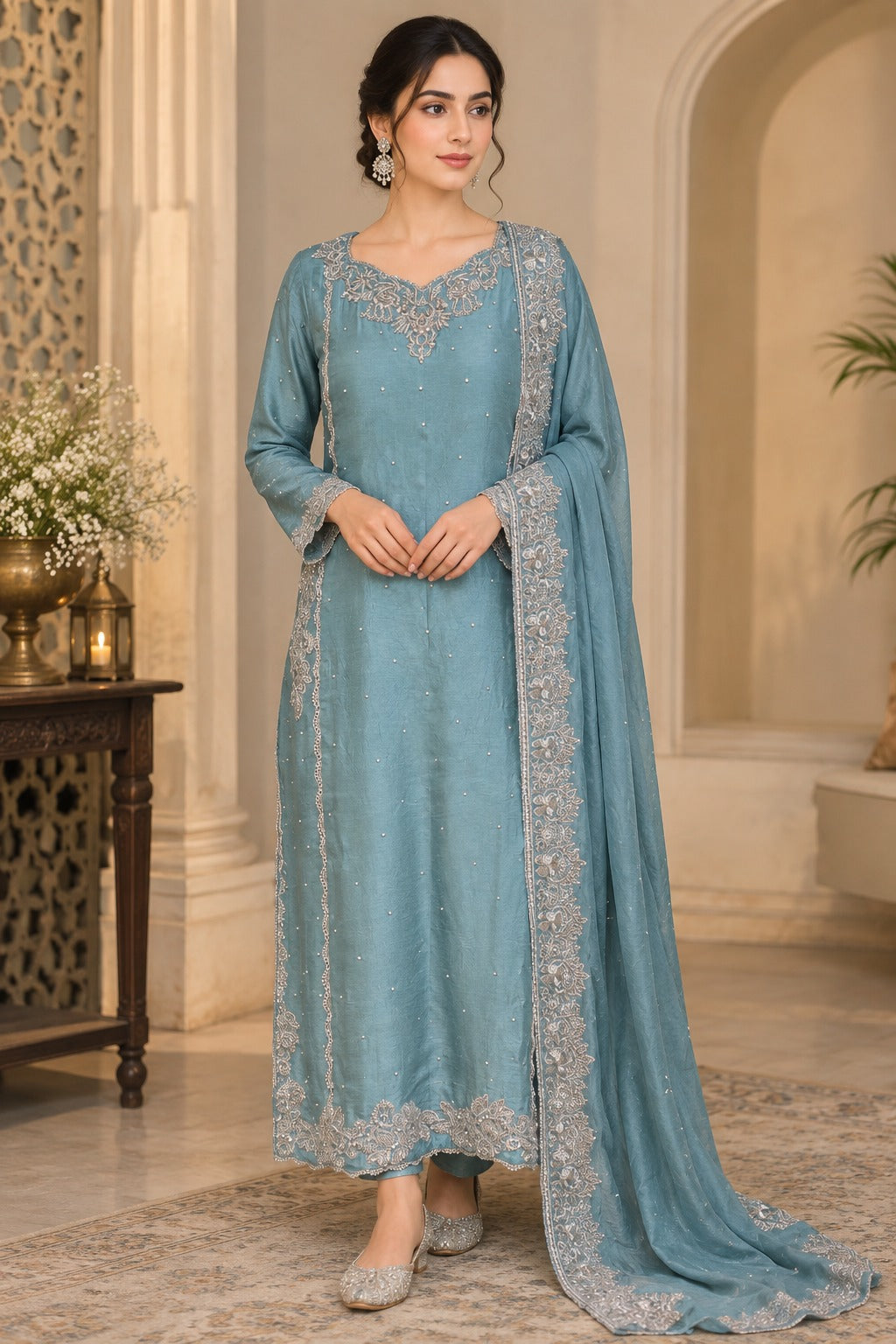 Dusty Blue Dyed Tussar Silk 3-Piece Suit with Silver Embroidery & Scalloped Hem