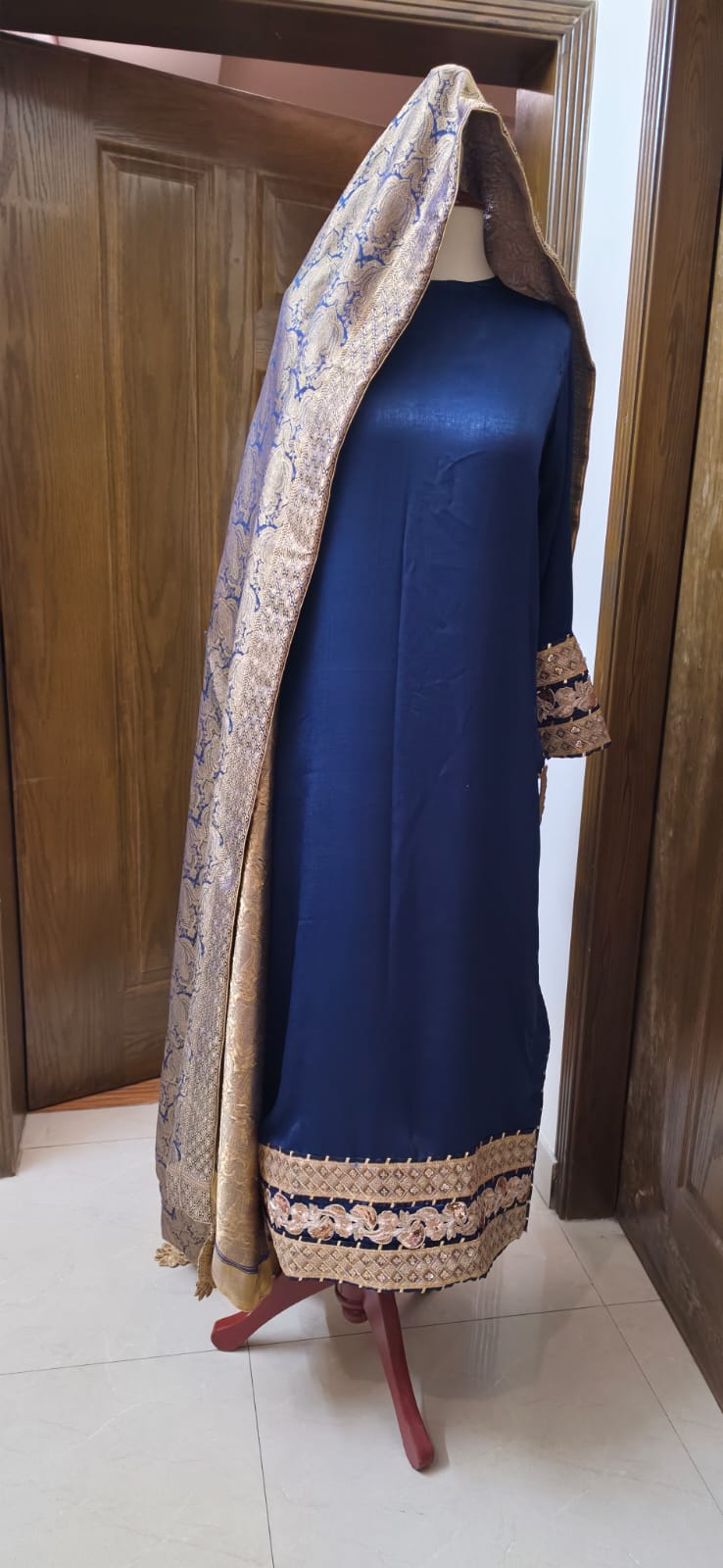 Midnight Navy Velvet Silk 3-Piece Suit with Embroidered Borders & Banarsi Shawl