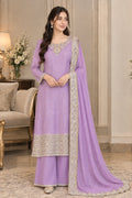 Lilac Dyed Tussar Silk 3-Piece Suit with Embroidered Neckline & Scalloped Borders