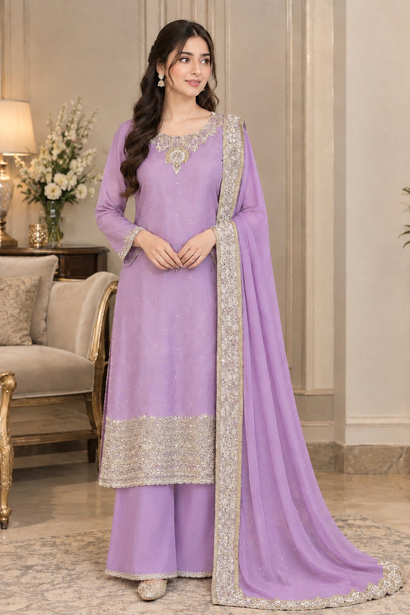 Lilac Dyed Tussar Silk 3-Piece Suit with Embroidered Neckline & Scalloped Borders