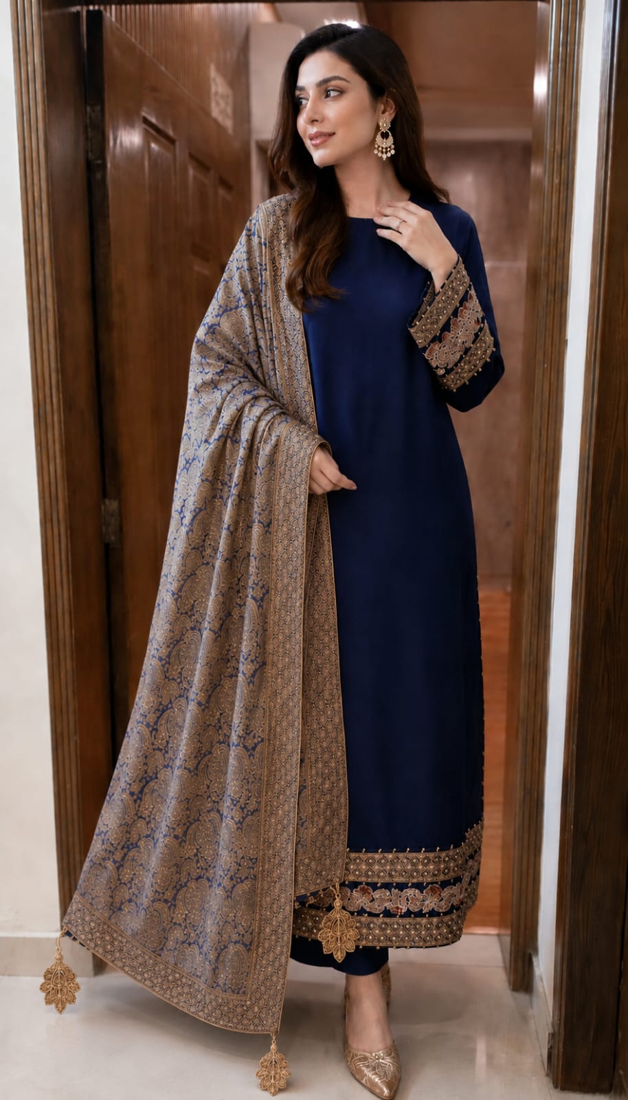 Midnight Navy Velvet Silk 3-Piece Suit with Embroidered Borders & Banarsi Shawl